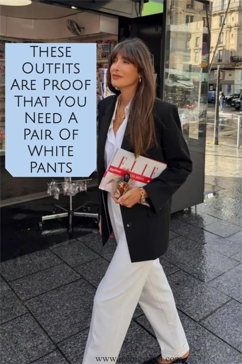 white pants outfit summer, white outfit, pants, pants outfit summer, white outfit aesthetic, white outfit, summer fashion, spring fashion White Dress Pants Outfit, Ivory Pants Outfit, White Pant Outfit, White Pants Outfit Ideas, White Work Pants, Striped Blazer Outfit, Navy Blue Blazer Outfit, White Outfit Aesthetic, Summer Blazer Outfits