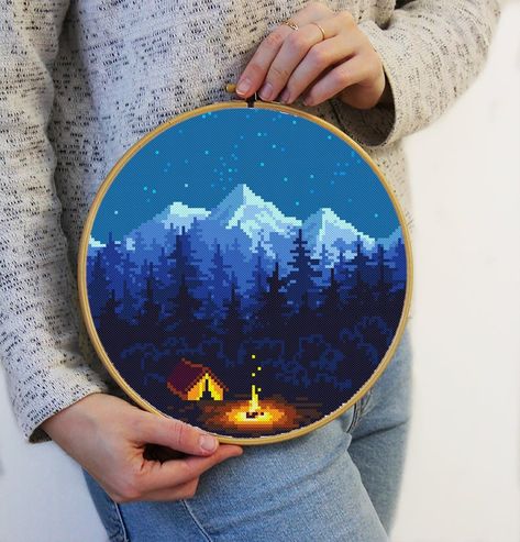 Cross Stitch Patterns Black Background, Camping Cross Stitch Patterns Free, Cross Stitch Patterns Nature, Cross Stitch Mountains, Cool Cross Stitch Patterns, Cross Stitch Patterns Modern, Cross Stitch Forest, Mountain Cross Stitch, Forest Cross Stitch Pattern