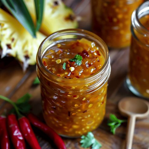 Sweet Chili Pineapple Sauce Sweet Chili Pineapple Sauce Recipe, Sweet Chili Pineapple Sauce, Vegetarian Sauces, Spring Roll Sauce, Sweet Chili Sauce Recipe, Pineapple Sauce, Chopped Pineapple, Recipe Vegetarian, Red Chili Flakes