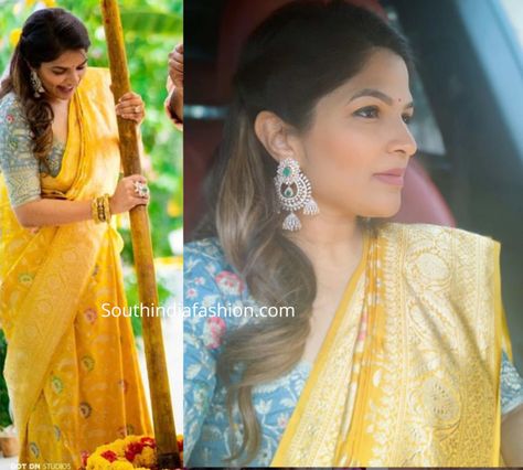 Yellow Benaras Sarees, Mustard Saree Contrast Blouse, Veronica Manchu, Viranica Manchu, Chandbali Earrings Gold, Yellow Banarasi Saree, Haldi Saree, Saree Colors, Heavy Jewelry