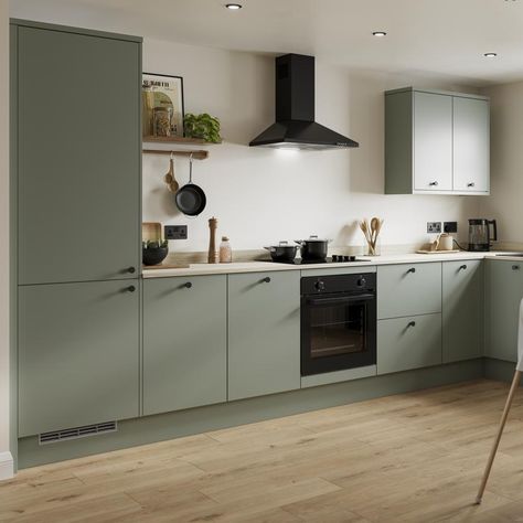 Black Kitchen Handles, Latest Kitchen Trends, Sage Kitchen, House Extension Plans, Fitted Kitchens, Sage Green Kitchen, Kitchen Cupboard Handles, Kitchen Layout Plans, Kitchen Cupboard Doors