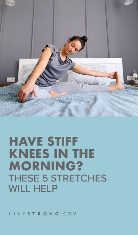 The next time you wake up with stiff knees in the morning, try these knee stretches in bed. These morning stretches will relieve tightness in your legs. Stretches For Stiff Knees, Knee Exercises In Bed, Leg Stretches In Bed, Stretches For Knees, Stiff Knee, Knee Pain Stretches, Knee Pain Remedy, Back Relief, Knee Stretches