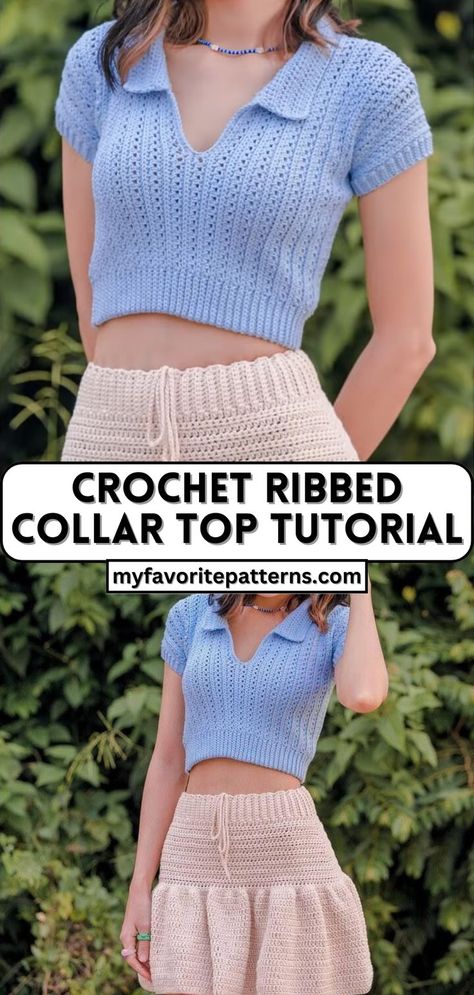 Crochet Ribbed Collar Top Tutorial Crochet Shirt Free Pattern, Crochet Shirt Pattern, Top Crop Tejido En Crochet, Crochet Tee, Ribbed Crochet, Crochet Tank Tops, Crochet Top Outfit, Clothes Tutorial, Quick Crochet Patterns