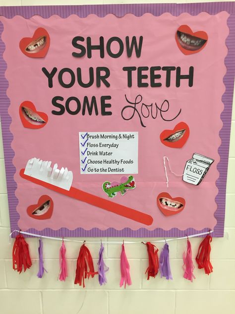 Dental Health Month  - February Children’s Dental Health Month, Dental Health Bulletin Board Ideas, Dental Bulletin Board Ideas, School Nurse Decorations, Nutrition Bulletin Boards, Nurse Bulletin Board, Dental Health Preschool, School Nurse Office Decorations, February Bulletin Boards