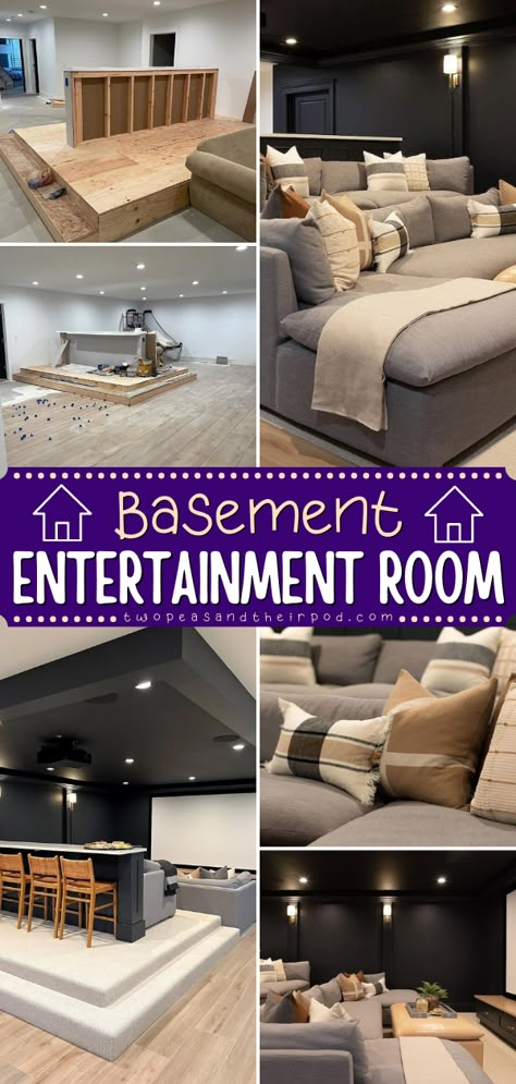 Here's an easy collage idea to try at home! Take a tour of our Basement Entertainment Room with a theatre space, dining area, mini kitchen, and snack station. Add this to your collage inspiration! Theatre And Game Room, Basement Bar Theater Room, Casual Media Room, Small In Home Movie Theater, Media Room And Guest Room, Bar And Movie Room Basement Ideas, Theatre Seating Basement, Home Theater Seating Ideas Cozy, Simple Home Theatre Room Ideas