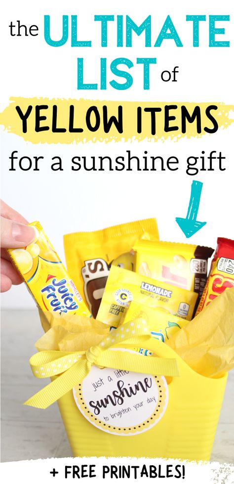 Make a DIY sunshine gift to share some happiness with a friend who needs cheering up! This is the ultimate list of yellow items you could put in a sunshine gift basket. Plus grab a free printable tag and card! #sunshinegiftbasket #boxofsunshine #diygiftideas #yellowgift Aubree Originals is a participant in the Amazon Services LLC Associates Program, an affiliate advertising program designed to provide a means for sites to earn advertising fees by linking to Amazon.com and affiliated sites. Yellow Teacher Appreciation Gifts, Happy Basket Care Packages, Sunshine Gift Box Ideas, Sunshine Bag Ideas, Cheer Up Gifts Friends Care Packages, Sunshine Basket Care Packages, Cheer Up Box Care Packages, Teacher Gift Bags Ideas, Thinking Of You Gifts