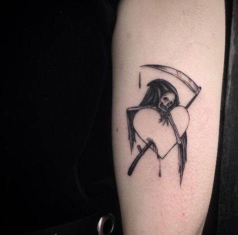 Grim Reaper Tattoo Feminine, Small Santa Muerte Tattoo, Horror Patchwork Tattoo, Santa Muerte Tattoo For Women, Skin Branding, Santa Muerte Tattoo, Pair Tattoos, Leg Sleeve Tattoos, Leg Tattoo Ideas