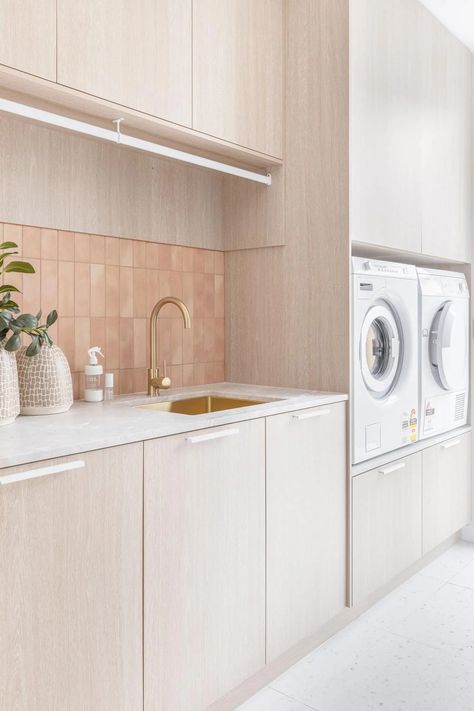 Coastal Laundry Room, Brushed Brass Tapware, Brass Tapware, Abi Interiors, Laundry Room/mudroom, Laundry Nook, Dream Laundry Room, Kitchen Tiles Design, Laundry Room Layouts