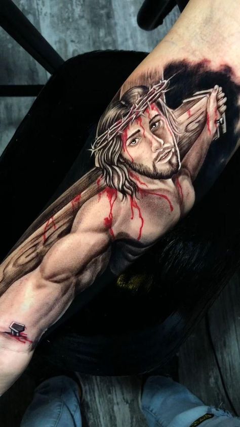 Jesus 3d Tattoo, Jesus Forearm Tattoo, Jesus Hand Tattoo, Jesus On Cross Tattoo, Tattoos For Ladies, Christus Tattoo, Jesus Christ Tattoo, Jesus Tattoo Design, Tato Salib