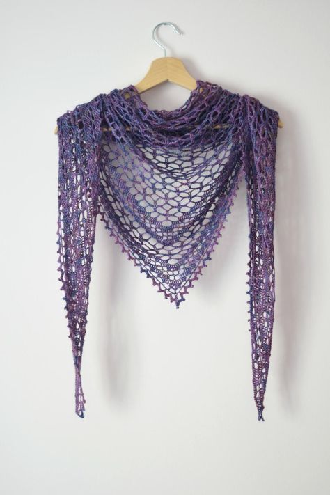 Nightfall Shawl is a wonderful, gentle triangle shaped shawl that has been designer to be crochet in lace weight yarn. Poncho Au Crochet, Lace Shawl Pattern, Purple Shawl, Crochet Lace Shawl, Elegant Shawl, Crochet Shawl Pattern Free, Lace Weight Yarn, Crochet Lace Pattern, Crochet Shawls And Wraps