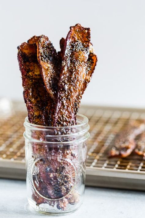 This maple black pepper bacon is the perfect balance of sweet and savory. Made with maple syrup, maple sugar, and a lot of fresh cracked black pepper. Black Pepper Bacon, Pepper Bacon, Maple Glazed Carrots, Midday Snack, Midnight Snack, Maple Sugar, Maple Bacon, Best Breakfast Recipes, Great Appetizers