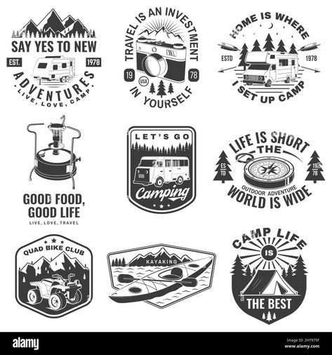 Download this stock vector: Set of camping badges, patches and outdoor adventure emblem, logo. Mountain tourism, hiking. Jungle camp label in vintage style. Graphic Art. Vector - 2H7975F from Alamy's library of millions of high resolution stock photos, illustrations and vectors. Adventure Graphic Design, Jungle Camp, Vintage Camping, Badge Logo, Badge Design, Camping Life, Emblem Logo, Outdoor Adventure, Graphic Design Illustration