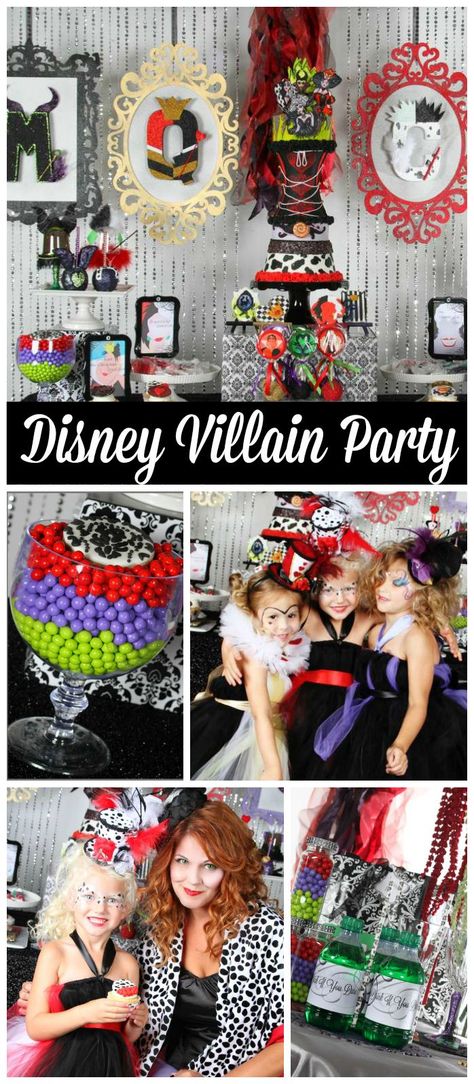 A glamorous Disney villain Mommy and Me party with dress up and a fantastic dessert table! Villains Theme Party, Disney Villian Decorations, Disney Villains Halloween Party, Disney Villains Birthday Party Ideas, Disney Villains Party Ideas, Villian Party Ideas, Disney Villain Birthday Party, Disney Villian Party, Villain Party Ideas