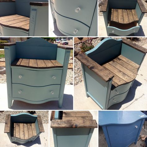 Ideas For Dresser Drawers, Dresser Drawers Repurposed, Reclaimed Wood Furniture Diy, Recycled Dresser, Dresser Chair, Drawers Repurposed, Diy Furniture Restoration, Dresser Bench, Furniture Makeover Inspiration