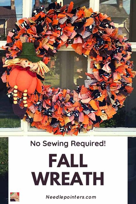 Easy No-Sew Fabric Wreath for Halloween or Fall Tutorial | Needlepointers.com Inexpensive Wreaths, Loopy Yarn, Wreath For Fall, Halloween Craft Projects, Easy Wreaths, Fun Wreath, Wire Wreath Frame, Fabric Wreath, Yarn Wreath