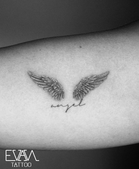 Detailed Angel Wings Tattoo, Delicate Angel Wings Tattoo, Realistic Angel Wings Tattoo, Flower Wings Tattoo, Small Remembrance Tattoos, Angle Wing Tattoos, Cross With Wings Tattoo, Angel Tattoo For Women, Line Tattoo Ideas