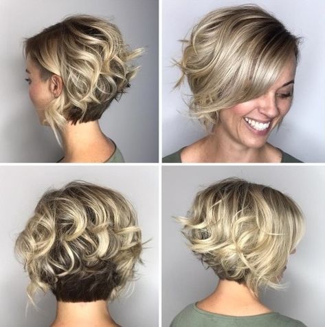 Curly Blonde Balayage, Short Asymmetrical Bob, Short Curly Blonde, Blonde Balayage Bob, Haircuts To Try, Stacked Haircuts, Balayage Bob, Bob Haircut Curly, Asymmetrical Bob