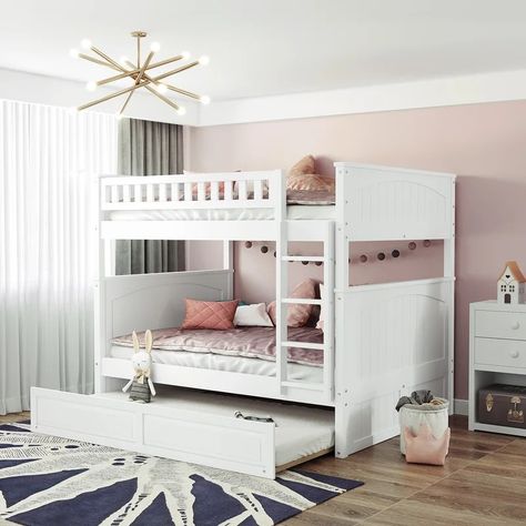 Harriet Bee Britian Full Over Full Bunk Bed With Trundle & Reviews | Wayfair Full Over Full Bunk Beds, Full Size Bunk Bed, Full Size Bunk Beds, Bedroom Elegant, Wood Bunk Bed, Bed Stairs, Daybed With Drawers, Twin Trundle, Full Bunk Bed