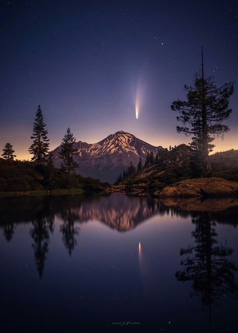 Posted on Facebook by Jasman Lion Mander. Bright and Beautiful Comet Rises Over Mt. Shasta, CA.   Neowise makes another bright appearance in the early morning over a still, mirror-like, Heart Lake, reflecting Mt. Shasta and the comet. For prints email at manderstudio@gmail.com Mount Shasta California, Shasta California, Mt Shasta, Mount Shasta, Photography Illustration, Get Outdoors, Night Sky, Night Skies, Beautiful Landscapes