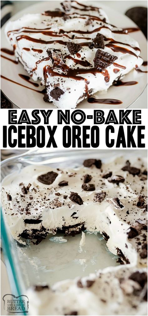 No Bake Oreo Cake is a rich & creamy layered dessert made with frozen whipped topping, cream cheese and Oreos. This is the perfect summer dessert for cookies & cream lovers! #icebox #cake #nobake #OREO #cookiesandcream #summer #dessert #easyrecipe from BUTTER WITH A SIDE OF BREAD Oreo Ice Box Cake, No Bake Oreo Cake, Cake No Bake, Ice Box Cake, Oreo Dessert Recipes, Icebox Cake Recipes, Layered Dessert, Cookies Cream, Oreo Dessert