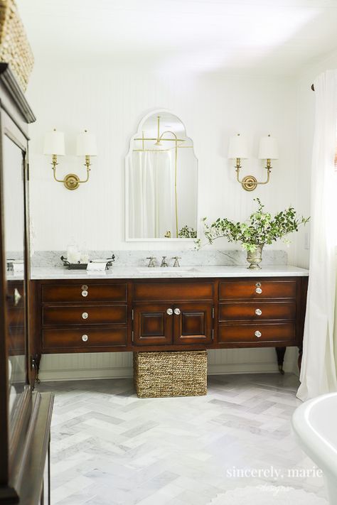 Our Elegant & Timeless Master Bathroom Reveal - Sincerely, Marie Designs Carerra Tile Bathroom Floor, Antique Master Bath, Light Airy Bathroom Ideas, Mahogany Bathroom Vanity, Vintage Vanity Bathroom, Timeless Cottage, Timeless Bathroom, Bad Inspiration, Primary Bath