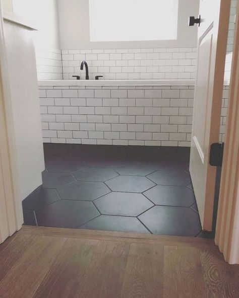 Black Hexagon Tile Bathroom Floor, Octagon Tile Bathroom, Black Hexagon Tile Bathroom, Hexagon Tile Bathroom Floor, Hexagon Tile Bathroom, Black Tile Bathrooms, Black Grout, Black Floor Tiles, Bathroom Redesign