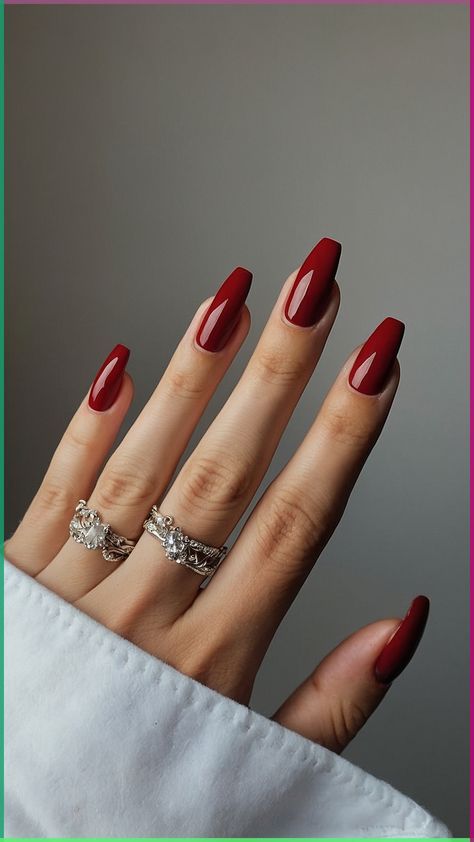 Get inspired by Trendy 30 Wine Nails: Must-Try Shades for 2024! Featuring rich burgundy shades combined with glossy finishes, matte textures, and intricate patterns, these nails are perfect for any season. 🍷✨ #WineNails #TrendyShades #NailInspo #ChicNails #FallNails Chic Red Nails, Red Squoval Acrylic Nails, Crimson Red Nails, Fall Red Nails, Crimson Nails, Ruby Red Nails, Red Fall Nails, Fall Season Nails Colors, Classic Red Nails