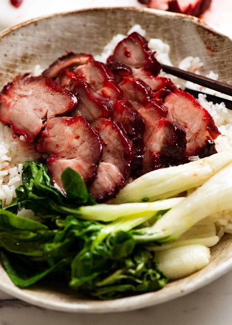 Slice of Char Siu Pork served over rice Asian Bbq Pork, Char Sui Pork, Pork Chinese, Char Sui, Food Rocks, Asian Bbq, Bar Restaurant Design, Char Siu Pork, Chinese Bbq Pork