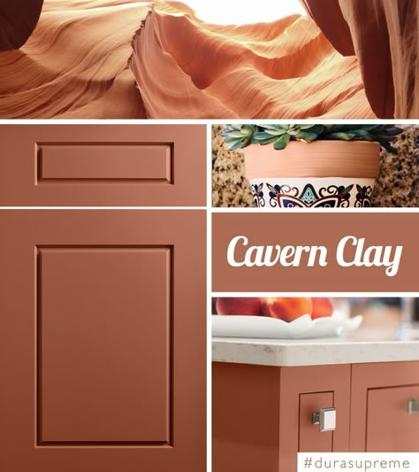 Sherwin-Williams Embraces the Natural Wonders with its 2019 #Color of the Year: #CavernClay is a color that is earthen, independent and wild. It evokes visions of southwestern canyons & deserts, carefree bohemian style, and a sun-soaked beachy oasis.    #coloroftheyear #durasupreme #cabinetry #cabinets #trends #colors #swcolorlove #sherwinwilliams #kitchendesign Terra Cotta Color Kitchen Cabinets, Terracotta Cabinet Color, Terracotta Paint Color Bathroom, Terra Cotta Cabinets Kitchen, Terra Cotta Cabinets, Terracotta Cabinets Kitchen, Cavern Clay Bathroom, Terra Cotta Kitchen Cabinets, Terracotta Color Palette Bedrooms