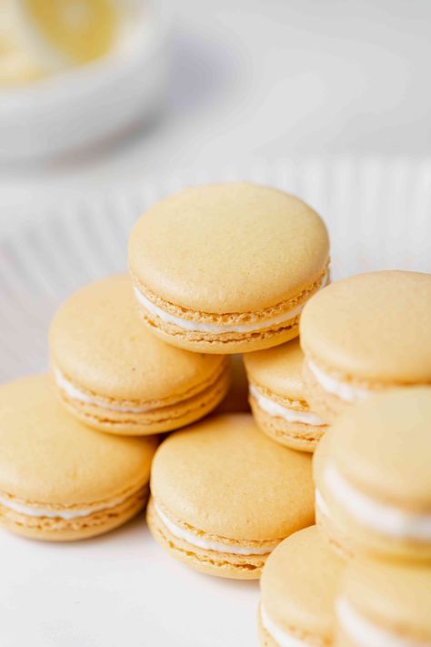 Lemon Macarons, French Macarons Recipe, Macarons Recipe, Blanched Almonds, Lemon Flavor, Macaron Recipe, Cookie Tray, Pastry Bag, Holiday Cookie