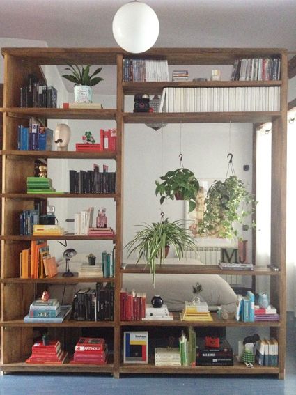 Idea for half wall. Book shelf with space for hanging plants. Loft Divider, Basement Loft, Bookshelf Room Divider, Bookshelf Wall, Justina Blakeney, Wall Bookshelves, Divider Wall, Room Partition, Hanging Plants