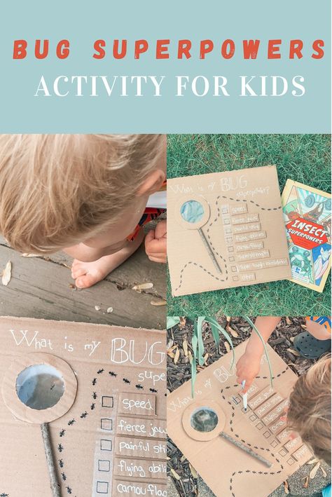 Bug Superpower Activity Bug Activity, Repurposed Cardboard, Preschool Skills, Bug Activities, Outdoor Learning Activities, Physical Activities For Kids, Screen Free Activities, Science Activities For Kids, Outdoor Activities For Kids