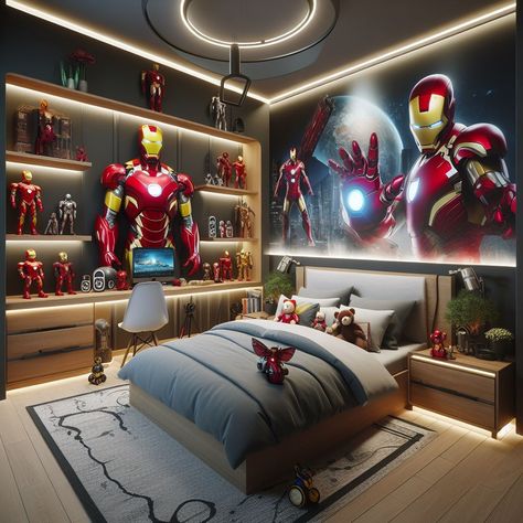 Wow.........Absolutely beautiful Iron Man-Inspired Bedroom😍👍❤️ Superhero Rooms, Spiderman Themed Bedroom, Gaming Bedroom Ideas, Spiderman Bedroom, Man Bedroom, Spiderman Room, Gaming Bedroom, Spiderman Theme, Superhero Room