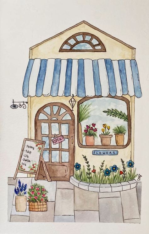 Flower Shop Watercolor Painting, Cute Buildings Drawing, Cottage Core Drawings, Flower Shop Drawing, Flower Shop Painting, Town Drawing, Shop Drawing, Abstract Art Painting Diy, House Drawing