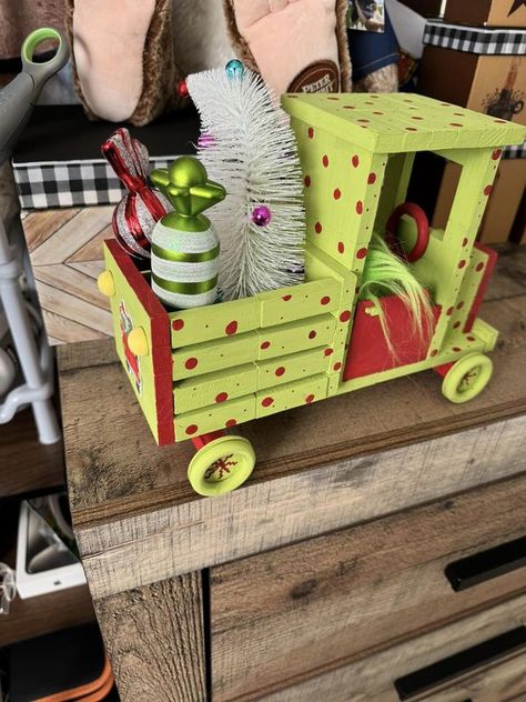 Grinch Decor  & ideas NO sellers | A grinch truck I made out of jenga blocks , I have a few others things to put on it  | Facebook Grinch Decor Ideas, Dollar Tree Grinch Ideas, Grinch Truck, Grinch Decor, Truck Diy, Jenga Blocks, Grinch Christmas Decorations, Christmas Grinch, Grinch Christmas