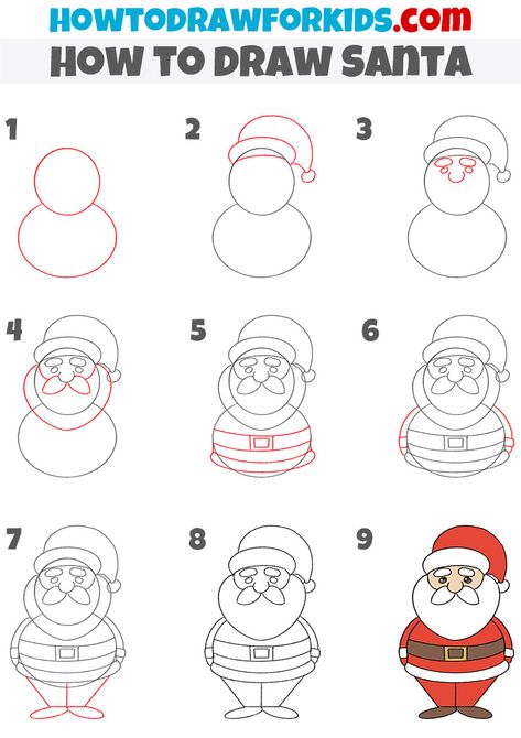 How to Draw Santa - Easy Drawing Tutorial For Kids How To Draw Santa For Kids, How To Draw Santa Claus, Simple Santa Drawing, Draw Santa Easy, How To Draw Christmas, How To Draw Christmas Stuff, Easy Santa Drawing, Santa Claus Drawing Easy, Drawing Santa