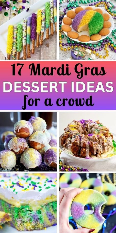 17 Mardi Gras Dessert Recipes AND SIX photos of different colorful desserts: pretzel rods, cream cheese ball, donut holes, monkey bread, cookies, poke cake Mardi Gras Snacks Appetizers, Mardi Gras Food Ideas Parties, Mardi Gras Food Appetizers, Mardi Gras Snacks, Mardi Gras Treats, Mardi Gras Appetizers, Mardi Gras Food Ideas, Cajun Party, Mardi Gras Party Food