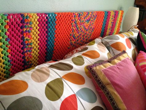 Vintage Crochet Afghan headboard Bed Headboard Crochet, Crochet Headboard, Crochet Headrest Cover, Diy Headboard Cottagecore, Crochet Bedroom, Vintage Wicker Headboard, Crochet Pillow Cover Retro, Vintage Crochet Afghan, Headboard Ideas