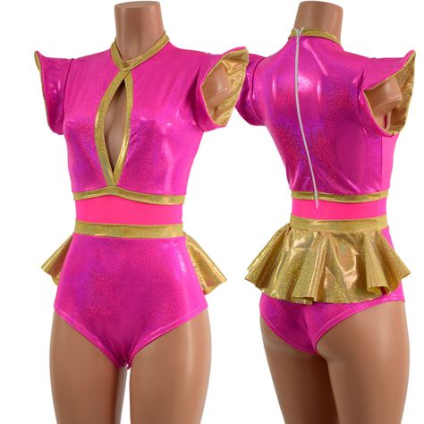 This elegant romper is made of our NEON Pink Sparkly Jewel Spandex, with an inset keyhole neckline, flip sleeves, and a siren cut leg. It also features a cute little ruffle rump in back! Neon Pink mesh waist panel, Gold Kaleidoscope trim, Gold Kaleidoscope ruffle rump,  and a zipper in back.   This item is made to order. Ships out within 5 days of purchase. Womens Sizing (See below for instructions on where measurements should be taken) XXS: Bust 29"-30" / Waist 22"-23" / Hips 30"-32" Extra Smal Aerobics Photoshoot, Pink Space Outfit, Angeldust Fanart, Alien Disco, Majorette Dance Uniforms, Majorette Dance, Pink Dance Costumes, Majorette Outfits, Neon Carnival