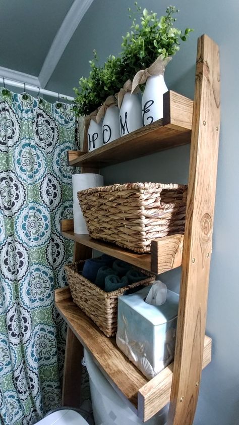 Diy Behind Toilet Shelves, Behind The Toilet Ladder Shelf, Over The Toilet Shelf Diy, Bathroom Shelves Over Toilet Standing, Ladder Shelving Ideas, Bathroom Tables Ideas, Ladder Shelf Over Toilet, Diy Over The Toilet Storage, Behind Toilet Storage