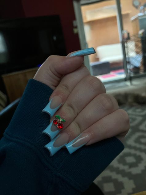 French Tip Nails With Cherry Charms, White French Tip Nails With Cherry, Blue Cherry Nails, Cherry Charm Nails, French Tip Nails With Charms, Baby Blue French Tip Nails, Cherry French Tip Nails, Blue French Tips, Black French Tips