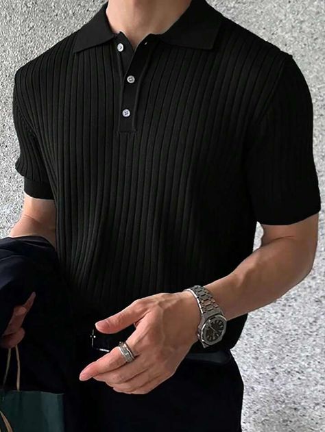 Men Polo Neck Ribbed Knit Top | SHEIN USA Summer Outfits Casual, Knit Polo Shirt, Men's Knitwear, Knit Polo, Top For Summer, Ribbed Knit Top, Men Fashion Casual Outfits, Polo Neck, Knitwear Men