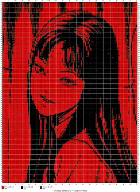 Tomie crochet pattern Deathnote Crochet Pattern, Tomie Alpha Pattern, Junji Ito Pattern, Pixel Crochet Pattern Anime, Anime Crochet Graph, Flower Grid Pattern Crochet, Junji Ito Perler Beads, Junji Ito Pixel Art Grid, Anime Crochet Tapestry Pattern