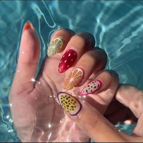 Dragonfruit Nail Art, Passion Fruit Nails, Passionfruit Nails, Fruit Summer Nails, Orange Fruit Nails, Fruit Nails Acrylic, Fruit Nail Ideas, Mango Nails, Picnic Nails