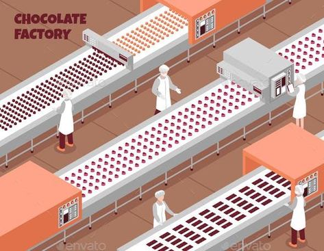 Chocolate Factory Illustration, Chocolate Factory Design, Isometric Background, Factory Illustration, Chocolate Background, Food Production, Factory Design, Production Line, Drawings Simple