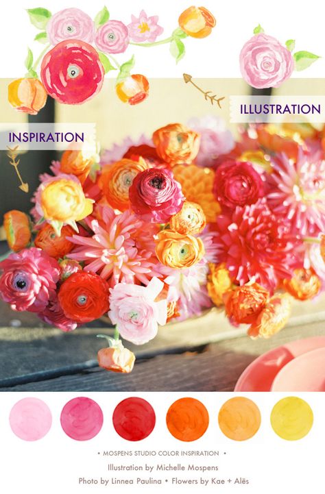 Summer wedding colors| Red Pink Orange Yellow | Mospens Studio Orange And Pink Wedding, Snapdragon Flowers, Wedding Colors Red, Flower Guide, Pink Orange Yellow, Summer Wedding Colors, Rose Orange, Orange Wedding, Wedding Color Palette