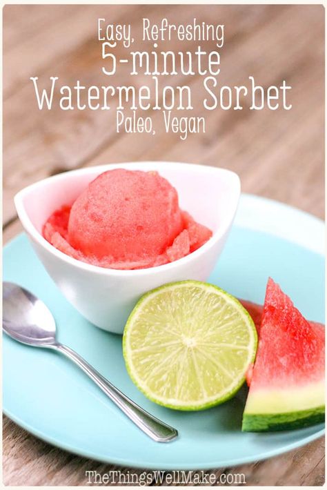 Quickly whip up this easy watermelon sorbet in under 5 minutes. Perfect for summer, this sweet, refreshing treat is actually healthy, paleo, and vegan. #thethingwellmake #watermelon #sorbet #watermelonsorbet #frozentreats #summerfood #refreshing #frozendessert #vegan #paleo #refinedsugarfree #noaddedsugar #dessertrecipes #paleorecipes #dairyfree #dairyfreerecipes #veganrecipes #sorbetrecipes #watermelonrecipes Savory Watermelon Recipes, Watermelon Sherbet Recipe, Healthy Watermelon Sorbet, Watermelon Sorbet Recipes, Sherbet Recipes, Watermelon Sorbet, Watermelon And Lemon, Sorbet Recipes, Watermelon Recipes