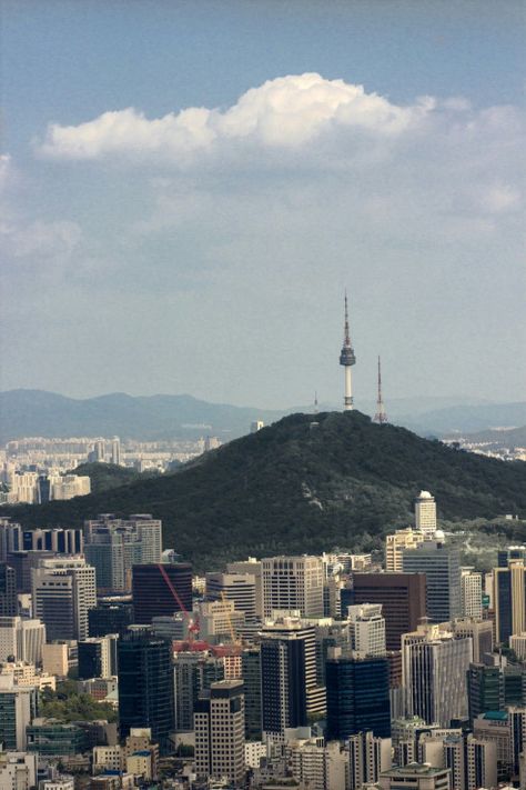 Ansan South Korea, Seoul Mountains, Seoul Tower Aesthetic, Namsan Tower Seoul Aesthetic, Korea Namsan Tower, Seoul Namsan Tower, Korea Mountain, South Korea Landscape, Korea Landscape