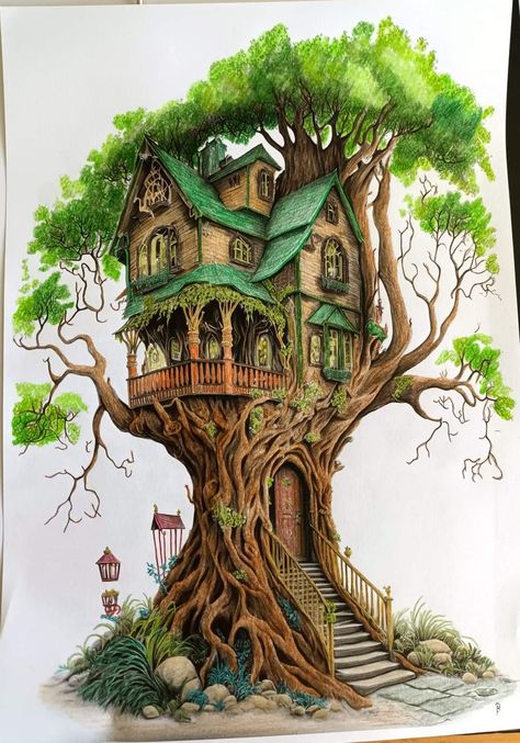 Gnome House Drawing, Tree House Village, Tree House Drawing, Whimsical Cottage, Fantasy Village, Fairy Tree Houses, Fairy Paintings, Walter Crane, Fairy Tree