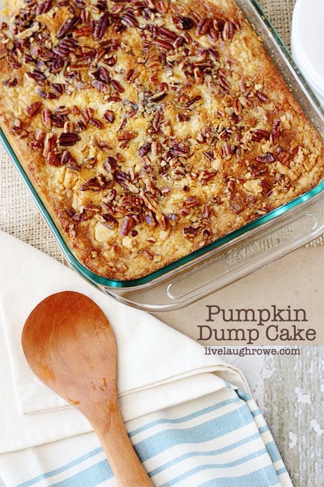 Perfect for Thanksgiving! Delicious Pumpkin Dump Cake with livelaughrowe.com @Live Laugh Rowe Easy Pumpkin Dump Cake Recipe, Easy Pumpkin Dump Cake, Pumpkin Dump Cake Recipe, Easy Dump Cake Recipe, Pumpkin Dump, Dump Cake Pumpkin, Dump Cake Recipes, Dump Cake, Fall Dessert